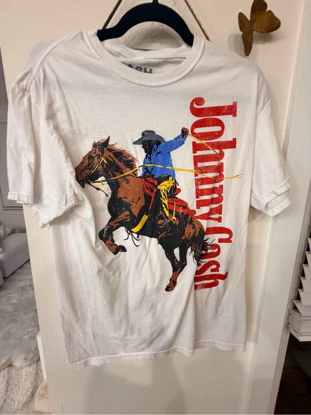 Johnny Cash Graphic Short Sleeve Tee in White with Red Print